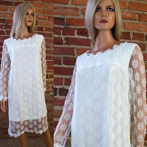 Vtg 60s Mod SHIFT Sheer White Daisy Lace Wedding Mini DRESS Rayon 