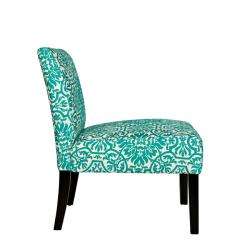   CLASSIC COMFORT TURQUOISE BLUE AND WHITE DAMASK ARMLESS ACCENT CHAIR
