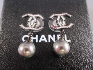 Auth CHANEL 10A Blk Crystal CC Dangle Pearl Earrings  