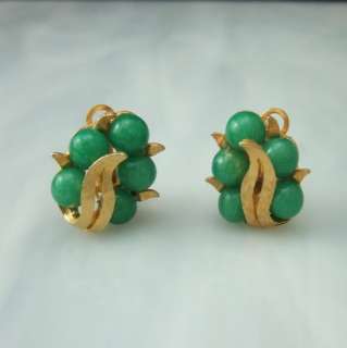 Green Glass Faux Jade Marvella Vintage Clip Earrings  