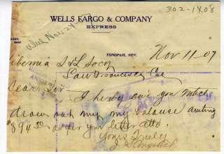1907 Wells Fargo & Co Letterhead Tonopah Nevada  