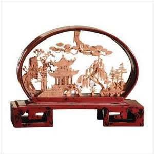  ORIENTAL ASIAN TEMPLE CARVED CORK SCULPTURE RED FRAME 