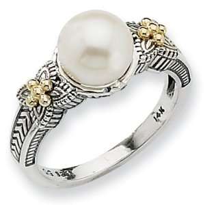  Sterling Silver With 14k Freshwater Cultured Pearl Ring 