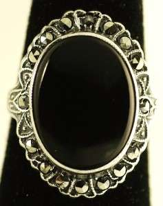 UNCAS SIGNED STERLING MARCASITE GLASS/ONYX RING  