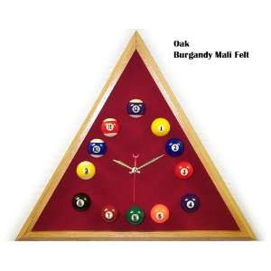   Oak Triangle Billiard Clock Burgandy Mali Felt 