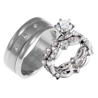   Titanium Sterling Silver Round CZ Antique 3 Pcs Wedding Rings Set
