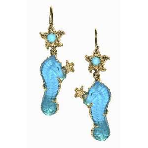   14k Yellow Gold Blue Venetian Glass Sea Horse Earrings Jewelry