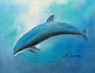 DOLPHIN Hand Signed Original Canvas Watercolor Painting  
