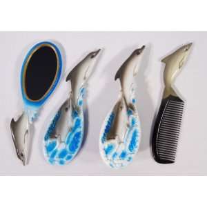  Handpainted Grey Dolphin Hair Brush Mirrow Comb Set (Set 