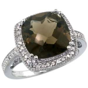 Sterling Silver Vintage Style Square Smoky Topaz Stone Ring w/ 0.08 