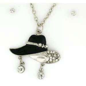 Black Epoxy Fedora Hat with Clear Austrian Crystals Necklace and 