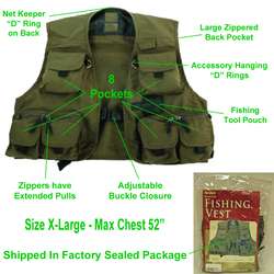 NEW ALLEN GRAND RIVER GREEN FISHING VEST,SIZE X LARGE/XL,52 CHEST 