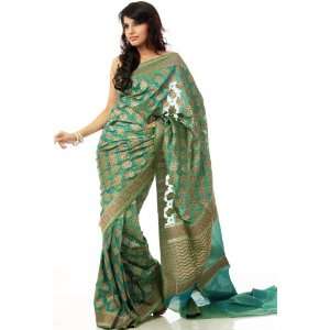   Sari from Banaras with Woven Flowers   Pure Silk   Weaver Ansar Ali