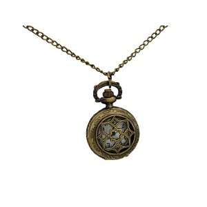  Antiqued Brass Finish Cutout Shield Face Watch Necklace 