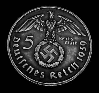   Hindenburg GERMANY 1939 B SILVER 5 MARK HITLER NAZI 1 COIN WWII  