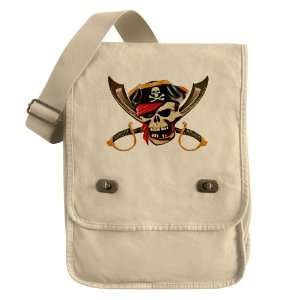 Messenger Field Bag Khaki Pirate Skull with Bandana Eyepatch Gold 