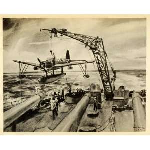  1944 Print World War II OS2U Scout Plane Crane Transported Ship 