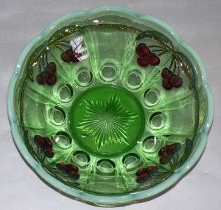 Northwood Opalescent Glass Green Cherry Cable Bowl  