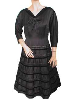 Vtg 40s 50s Black Satin Velvet Cut Out Crochet Dress  