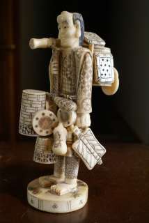   Okimono Hand Carved Ox Bone Figure Figurine Traveling Vendor &  