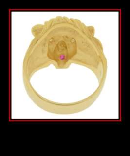 14K Yellow Gold Lion Head Ring With Diamond Eyes and Ruby Mouth  