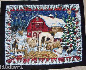 SNOW COVERED BARN ANIMALS fabric panel quilt top OOP  