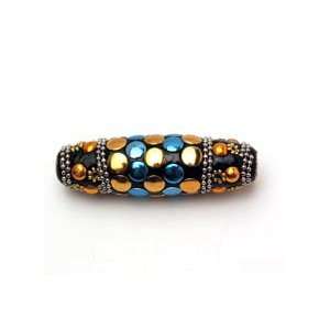  Blue and Gold Resin and Metal Kashmiri Barrel Bead 17x60mm 