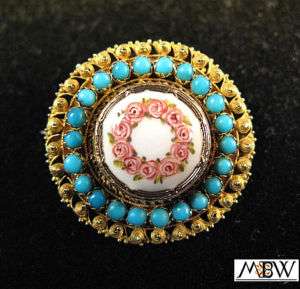 Antique English Victorian Gold Enamel &Turquoise Brooch  