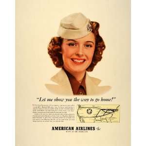  1940 Ad Stewardess Hat American Airlines System Map 