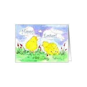 Happy 1st Easter Baby Chicks Spring Flower Meadow Watercolor Card
