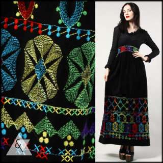 VINTAGE ETHNIC EMBROIDERED MAXI DRESS Vtg 70s Black Mexican Peasant 