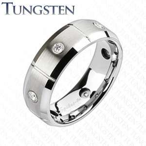 Tungsten Carbide Brushed Silver Stripe w/ Multiple CZs Wedding Band 