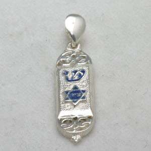 925 Silver Mezuzah pendant blue enamel filigree Star  