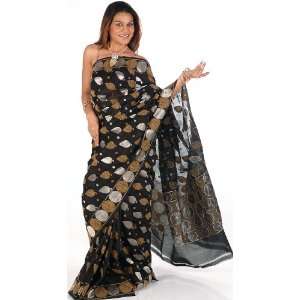  Black Sari from Banaras with Leaves Woven in Khadi   Pure 
