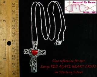Large Sterling Silver RED AGATE & Marcasite HEART CROSS  