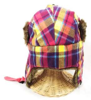 Celebrity Style Fashion faux fur NEON PLAID trapper earflap hat w 