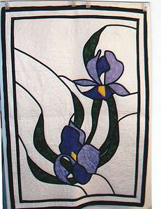 AWESOME STAINED GLASS PURPLE IRIS QUILTED WALL HANGING  