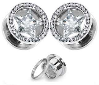 Pair of Clear CZ Star Screw Fit Plugs Tunnels 0g  