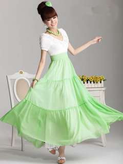  White Green Flounce Flare Skirt Maxi Full Dress S M L XL  