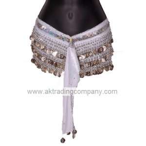 Belly Dancing Deluxe Velvet Hip Scarf   White with Silver Coins