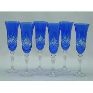  BLUE 6 Piece Champagne flute / wine Glass Set White Etchings wine 