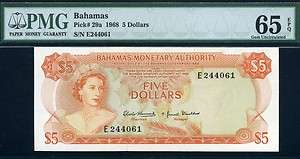 BAHAMAS, QE2, P 29a, $5, 1968, GEM UNC,PMG65 EPQ  