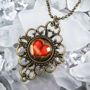 Love Hurts Broken Bandaged Emo Gothic Heart Antique Bronze Necklace 42 