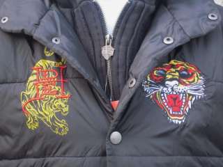 Boys ED HARDY Coat Vest Puffy Black Roaring Tigers M  