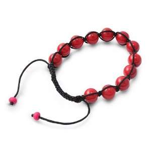 Tibetan Knotted Bracelet   Red Coral W/ Black String   Bead Size 10mm 