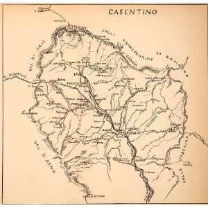  1905 Wood Engraved Map Casentino Valley Italy Poppi Bibbiena 