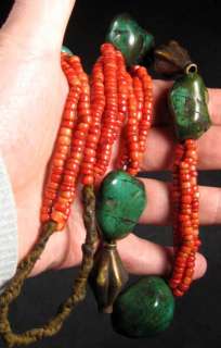 OLD TIBETAN FINE QUALITY TURQUOISE CORAL BEAD NECKLACE  