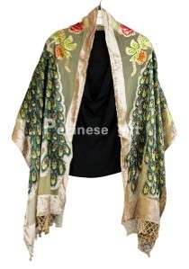 Moccasi Elegant Hand Beaded 100% Silk Velvet Shawl Scarf Wrap With 