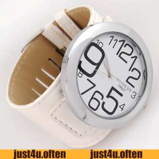 White Leather Band Womens Lady Quartz Wristwatch Very Big Dial Black 