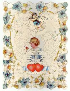 Vintage Die Cut Paper Lace Valentine, GIRL WITH BOWL OF HEARTS  
